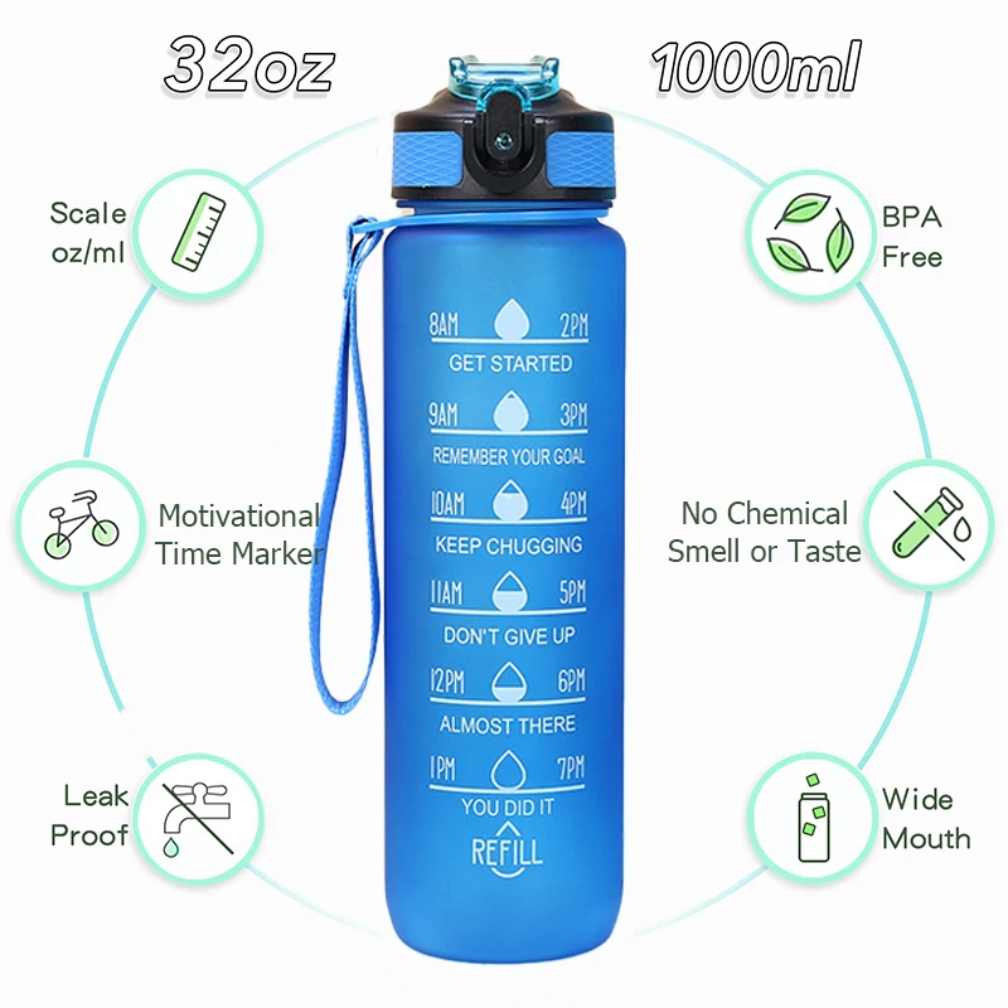 Custom Leak Proof BPA Free 1L Tritan Drinking Sports Motivational Water Bottles with Time Marker and Straw