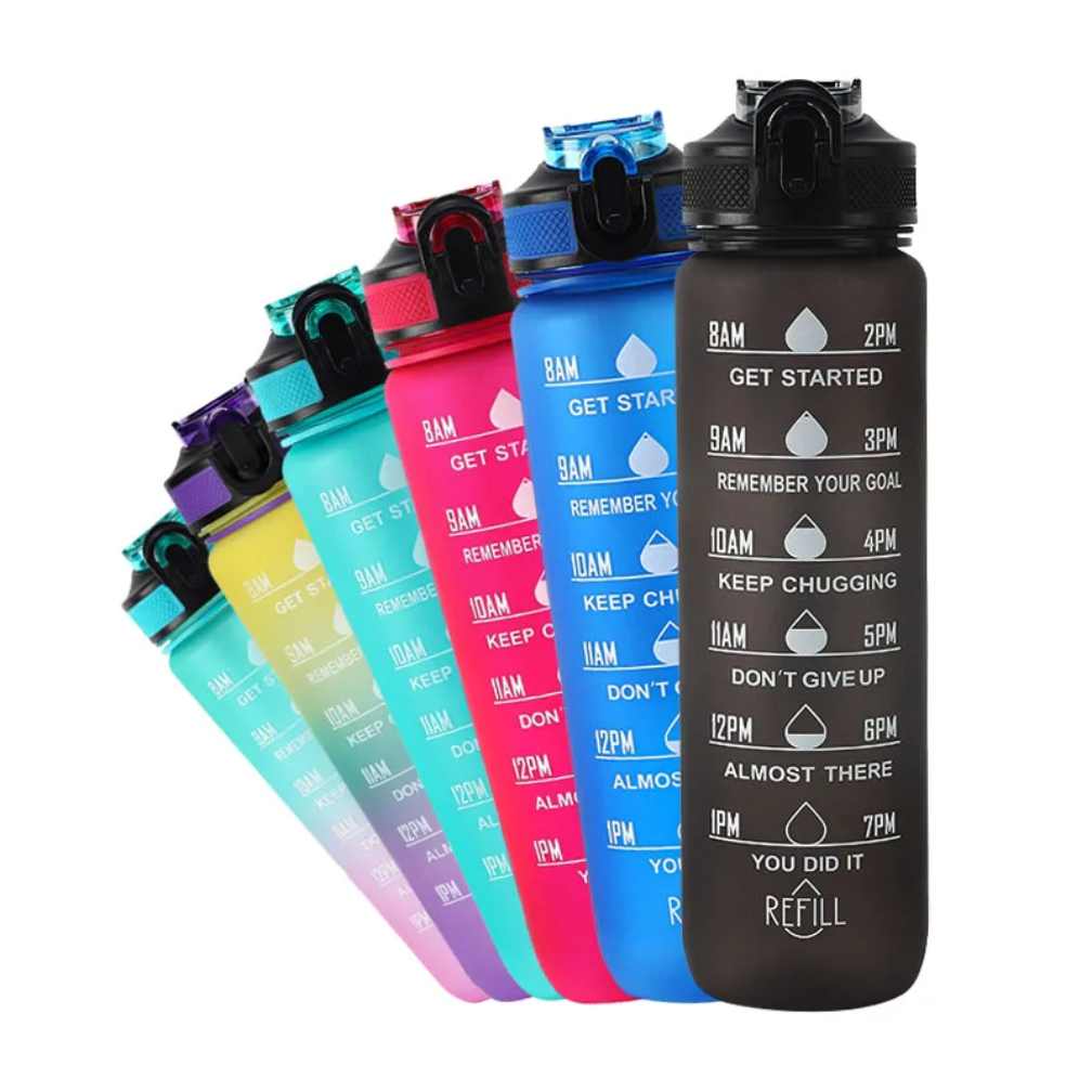 Custom Leak Proof BPA Free 1L Tritan Drinking Sports Motivational Water Bottles with Time Marker and Straw